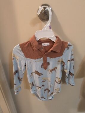 Angel Dear Bamboo 12-18m Horse And Light Blue Long Sleeve Onesie